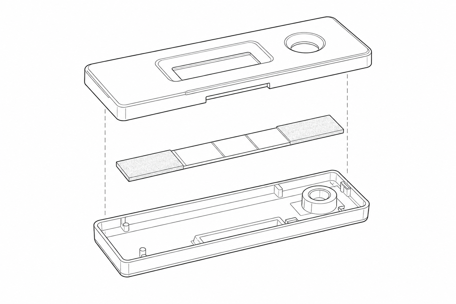 Exploded technical drawing of a lateral flow rapid-test cassette